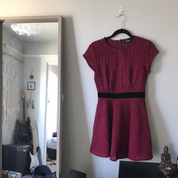 Lulu’s | Twirling It Burgundy Crochet Lace Short Sleeve Skater Dress - Picture 6 of 7